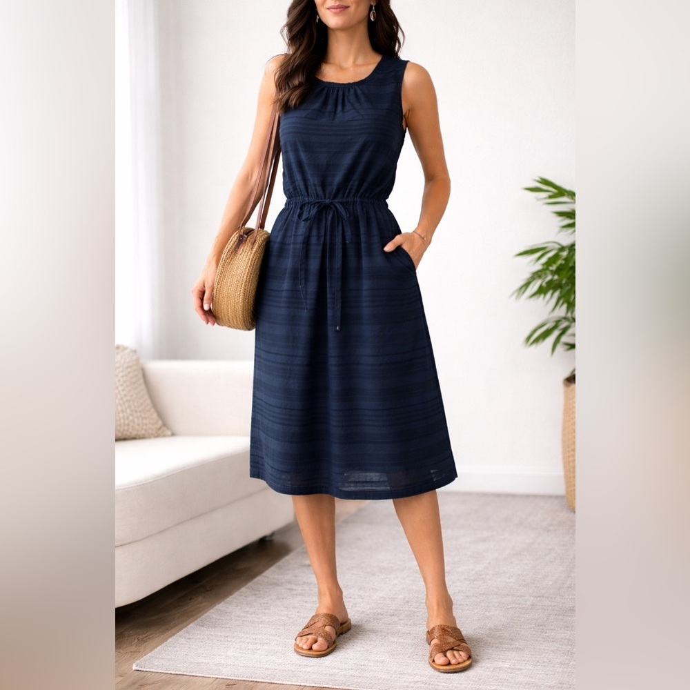 Gap Navy Sleeveless Midi Dress Size L Tie Waist Casual Chic Lightweight